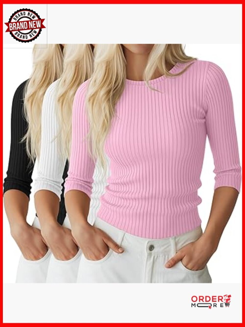 3-Pack 3/4 Sleeve Ribbed Tees for Women, Slim Fit Crew Neck Stretch Cotton
